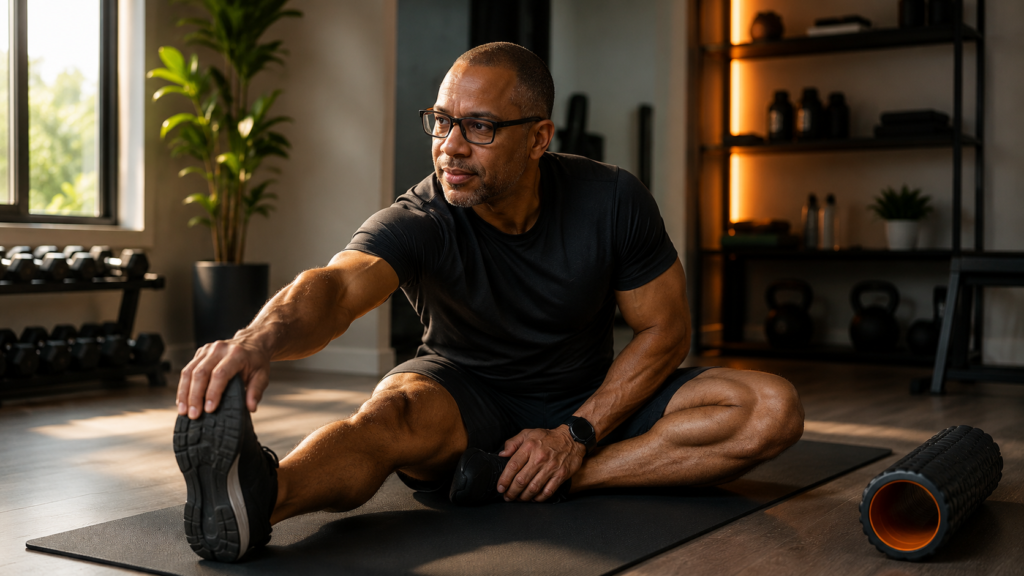 Man stretching during recovery routine in home gym, fitness after 40