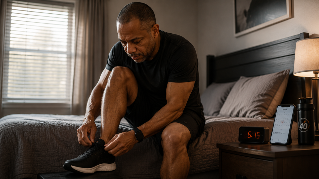 Man lacing up shoes before a workout, overcoming the no time excuse, FueledAt40